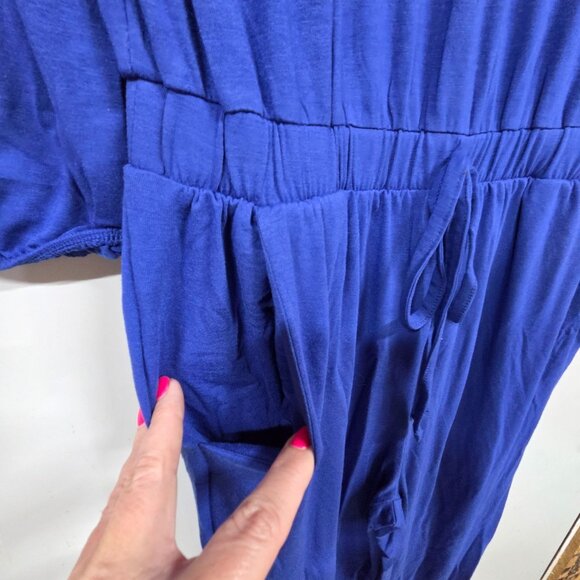 Zenana Womens XL Jumpsuit Blue Long Sleeve Button-Front Drawstring Waist Pockets - Picture 4 of 11